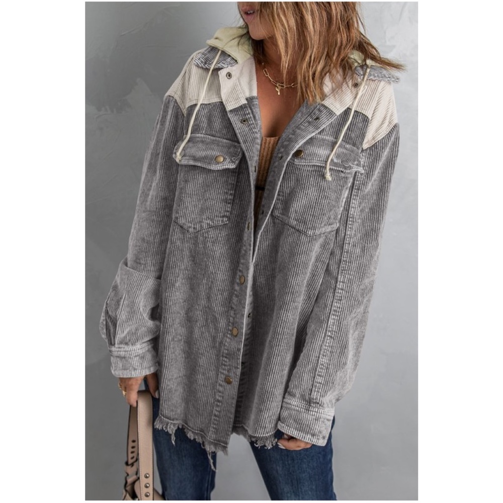 Cozy Color Block Oversized Corduroy Hoodie Jacket Shacket